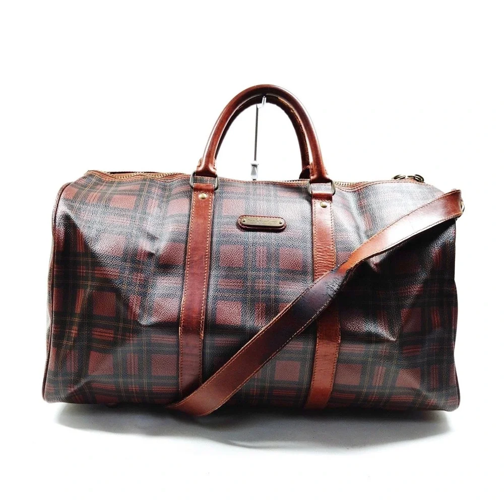 Polo Ralph Lauren Vintage‎ Plaid Duffle Bag Brown Canvas Leather Trim Large
